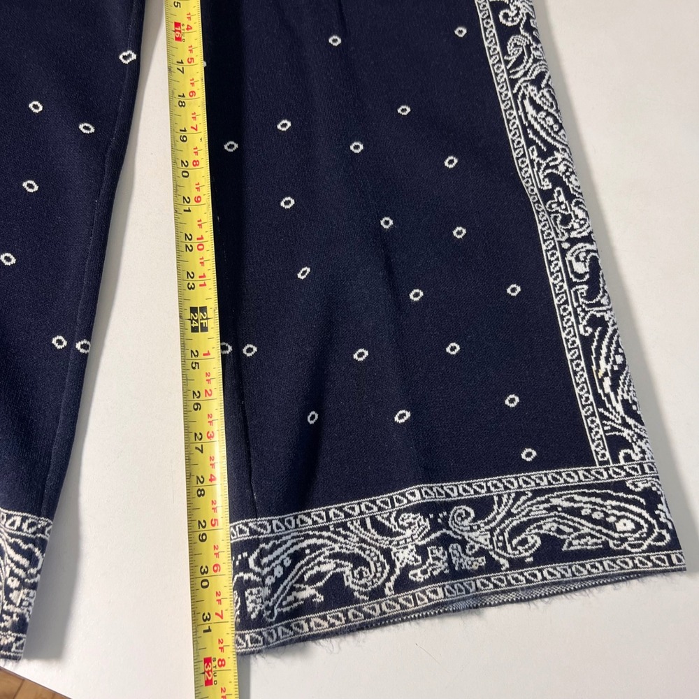 STAUD Intarsia Knit Pants Size S Blue Bandana Paisley Stretch Wide Leg Bohemian - Picture 7 of 8